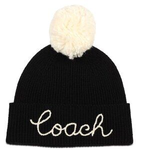 Coach Script logo cuffed wool blend women's winter hat with pom pom -Black